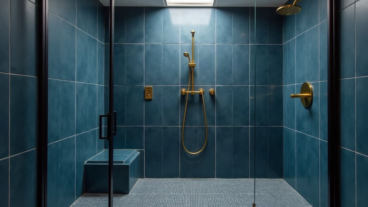 Douche à l'italienne aux murs en grand format bleu nuit mat, colonne de douche en laiton